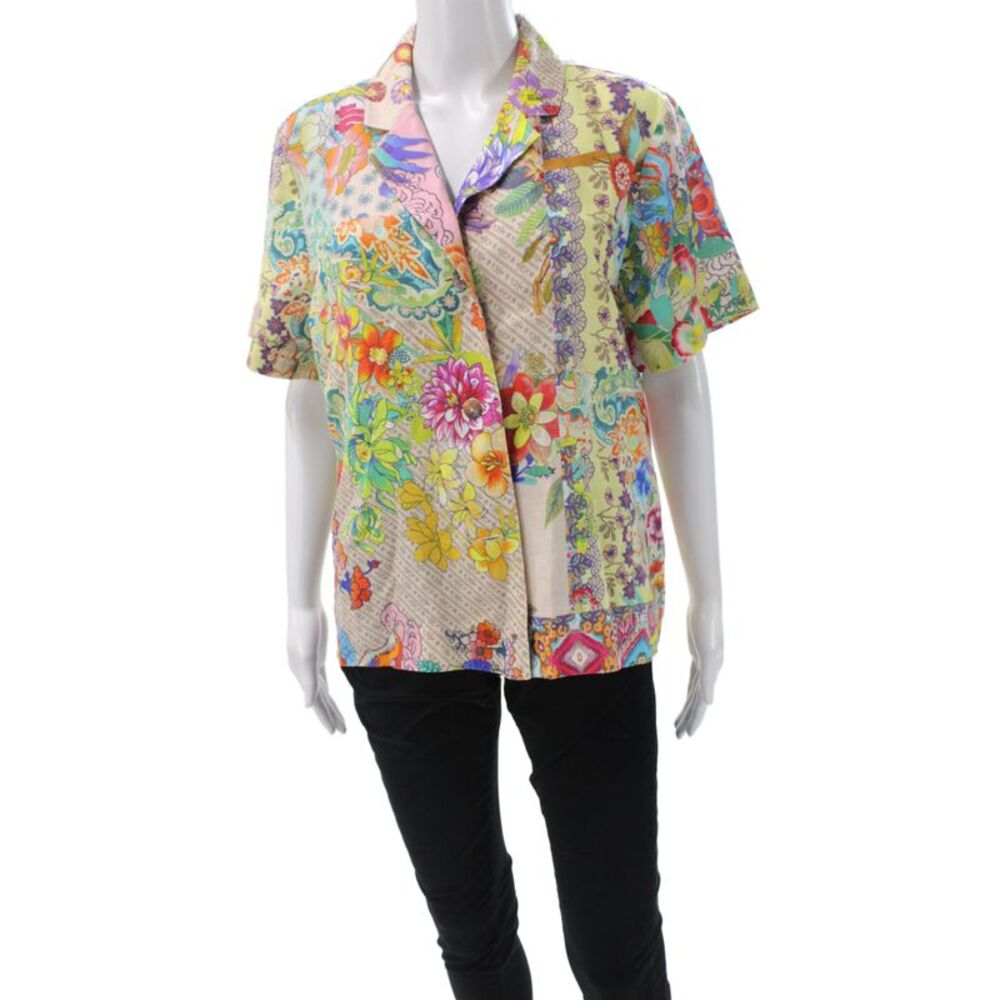 Johnny Was Women Button-Up Floral Collared Short Sleeve Beige Size M